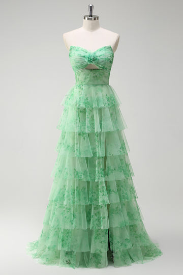 Floral Green A Line Strapless Ruffles Long Prom Dress with Slit